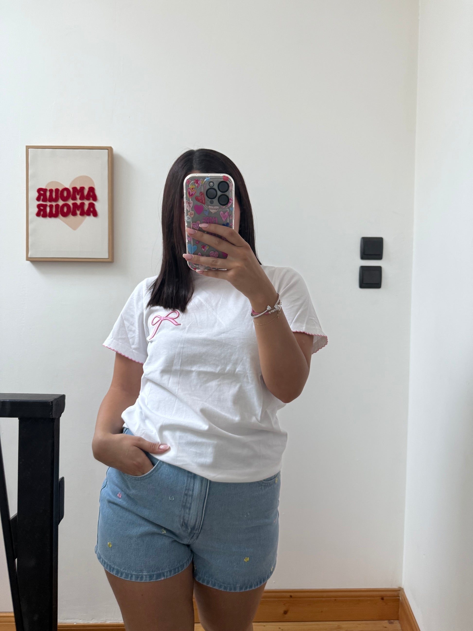 Tee-shirt blanc en coton avec nœud rose 🎀🤍
