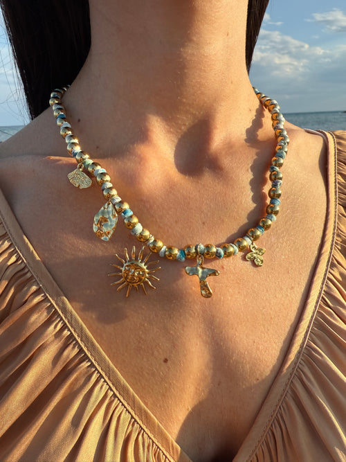 Collier Médaillons Dorés & Perles Turquoise 🌞🩵